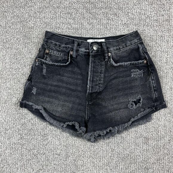 We The Free People Denim Shorts Womens 25 Lasso Black Distressed Button Fly - Picture 1 of 10